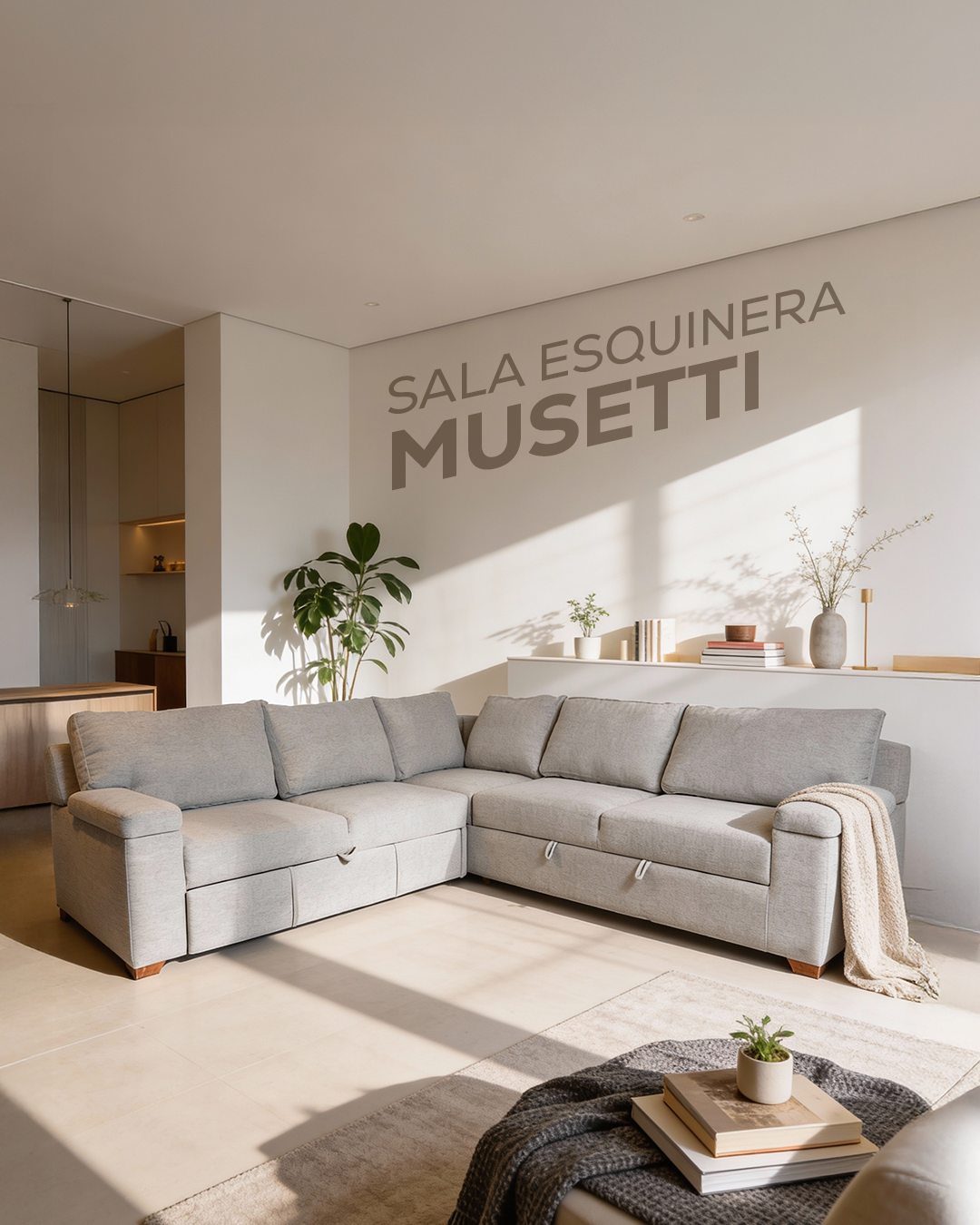 Sala esquinera Musseti con cama y baúl